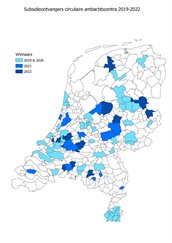 Subsidieontvangers circulaire ambachtscentra in 2019 tot en met 2022 op de kaart van Nederland