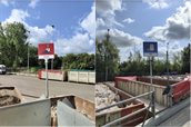 Een rood bord met afbeelding van, en de tekst 'grond' geplaatst op een container. Daarnaast een blauw bord met een afbeelding van, en de tekst 'gips', geplaatst op een container.